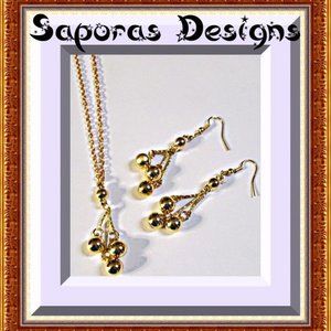 Gold Tone Dangle Earring & Necklace Set With Ball Designs Holiday Jewelry